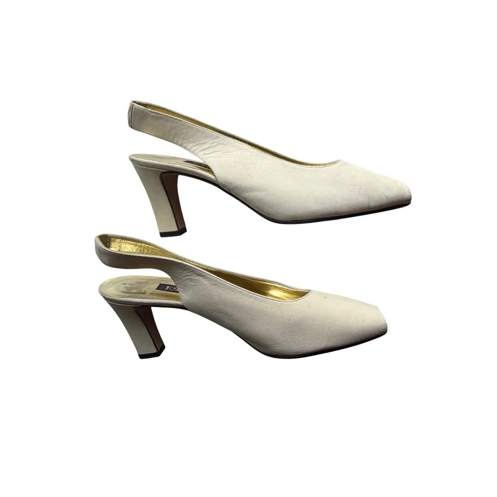 Escada Vintage Designer Peep Toe Slingback Cream Leather Heels Made Italy 8